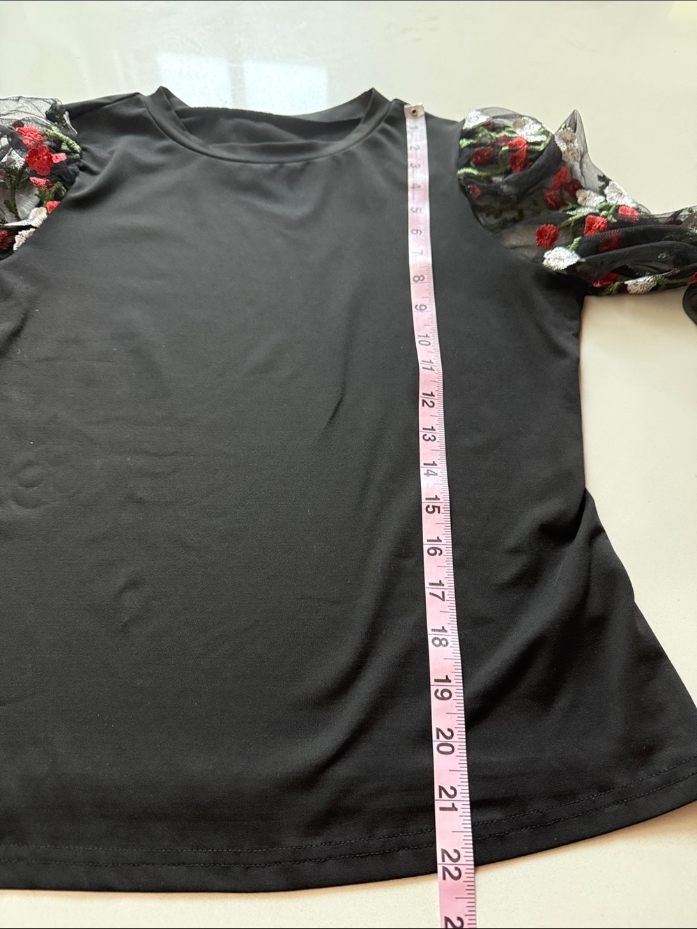 Floral Sheer-Sleeve Embroidered Women's Top, Long Cuffs, Black, Size L - Picture 8 of 9